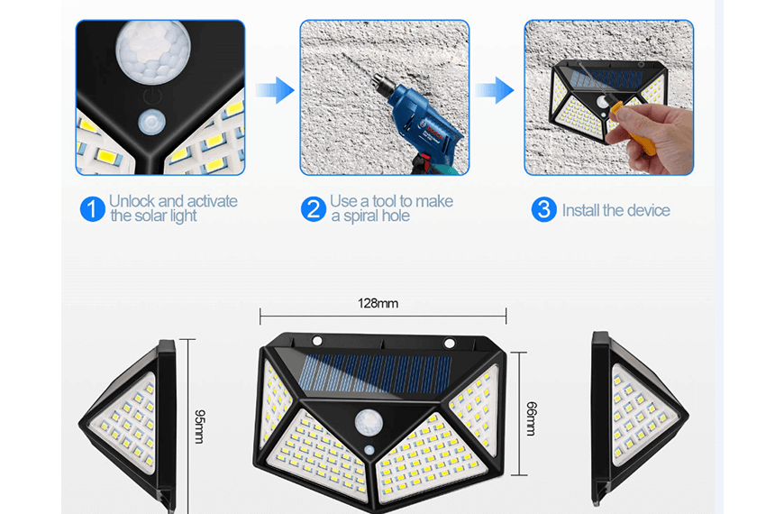 100 led solar wall light configuration